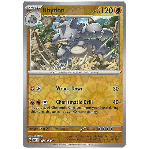 Pokemon Rhydon 112/165 SV3.5 151 Reverse Holo Fighting Type Single Card