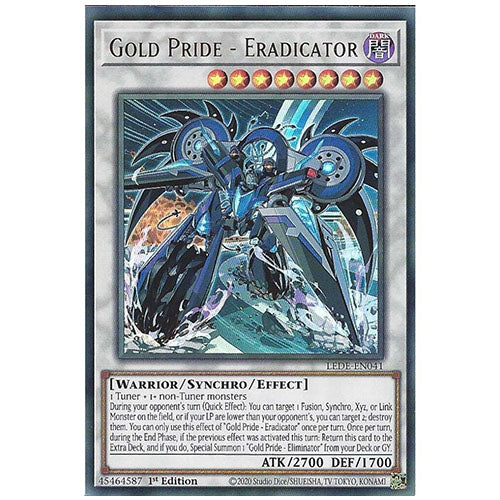 LEDE-EN041 Gold Pride Eradicator Ultra Rare Synchro Monster 1st Edition Trading Card
